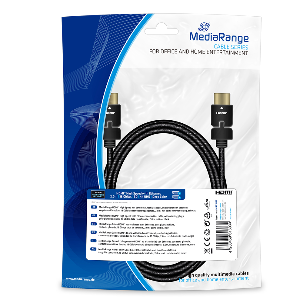 MediaRange HDMI 2.0 Rotating Cable HDMI male - HDMI male 2m Μαύρο