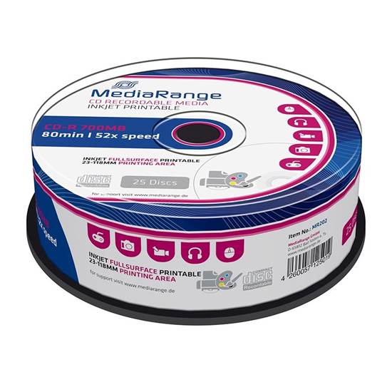 MediaRange CD-R 80' 700MB 52x Inkjet fullsurface printable Pack x 25 (MR202)