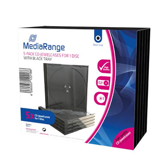 MediaRange CD Jewelcase  for 1 Disc 10.4mm Black Tray (5 Pack)