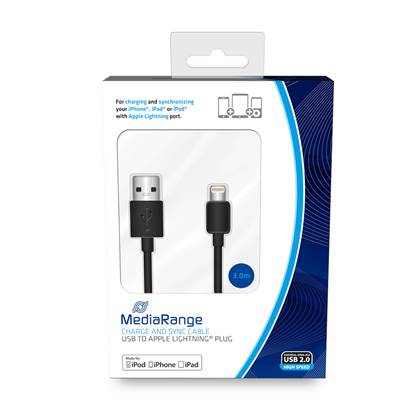 Καλώδιο MediaRange Charge and sync, USB 2.0 to Apple Lightning® plug, 3.0m, black (MRCS180)