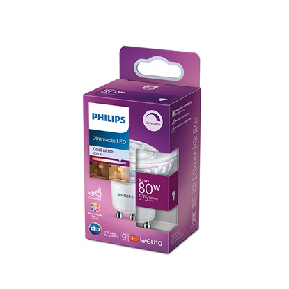 Philips GU10 LED Spot Bright White dimbaar Bulb 6.2W (80W) (LPH00636) (PHILPH00636)-PHILPH00636