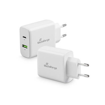 MediaRange 43W fast charger with USB-A and USB-C output, white (MRMA113)-MRMA113