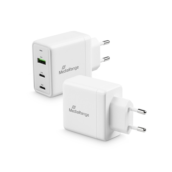 MediaRange 65W fast charger with USB-A and two USB-C outputs, white (MRMA116)-MRMA116