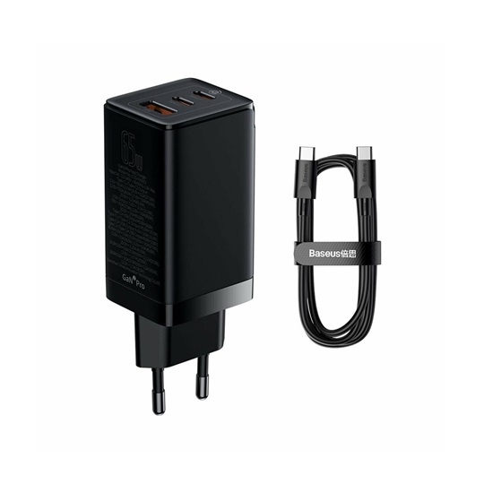 Baseus Travel Charger GaN3 Pro Quick wall charger (with Type C - Type C cable 1m) 65W EU Black CCGP050101) (BASCCGP050101)-BASCCGP050101