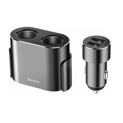 Baseus Car charger One to Two Cigarette Lighter(dual- lighter 80W+dual USB 3.1A) Black (CRDYQ-01) (BASCRDYQ-01)-BASCRDYQ-01