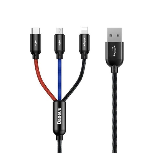Baseus Three Primary Colors 3-in-1 Braided USB to Lightning / Type-C / micro USB Cable 3A Μαύρο 1.2m (CAMLT-BSY01) (BASCAMLT-BSY01)-BASCAMLTBSY01