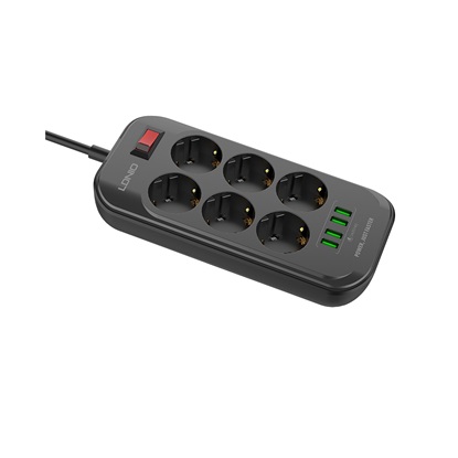Ldnio Πολύπριζο Ασφαλείας 6 Θέσεων με Διακόπτη, 4 USB και Καλώδιο 2m Μαύρο (SE6403)-LDISE6403