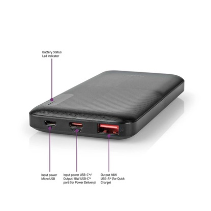 Nedis Powerbank 10.000 mAh (UPBKPD10000BK) (NEDUPBKPD10000BK)-NEDUPBKPD10000BK