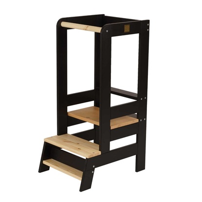 MeowBaby Black Wooden Kitchen Helper for Children Step Stool with Natural Elements with board (KH01011CMIE) (MEBKH01011CMIE)-MEBKH01011CMIE