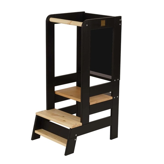 MeowBaby Black Wooden Kitchen Helper for Children Step Stool with Natural Elements with board (KHO20AACMIE) (MEBKHO20AACMIE)-MEBKHO20AACMIE