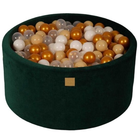 MeowBaby Baby Foam Round Ball Pit 90x40cm with 300 Balls 7cm Certified, Velvet, Dark Green: Gold/Beige/White/Transparent (VEO0114IE) (MEBVEO0114IE)-MEBVEO0114IE