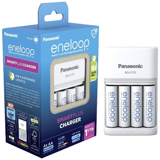 Panasonic Eneloop Smartplus BQ-CC55E Φορτιστής 4 Μπαταριών Ni-MH Μεγέθους AA/AAA Σετ με 4x AA 2000mAh Λευκό (37847519) (PAN37847519)-PAN37847519