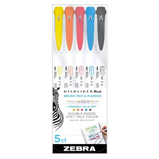 Zebra Mildliner Double Ended Brush Pen & Marker Bold & Fine Point 5 Pack Friendly Mild Set (ZB-79505) (ZEB79505)-ZEB79505