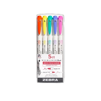 Zebra Mildliner Double Ended Brush Pen & Marker Bold & Fine Point 5 Pack Refresh Mild Set (ZB-79405) (ZEB79405)-ZEB79405