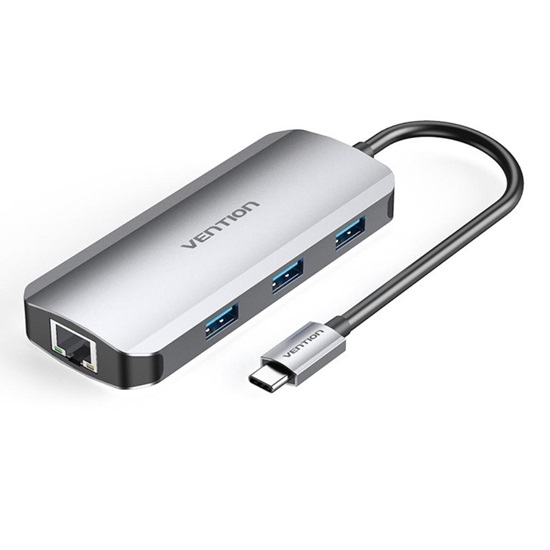 VENTION Type-C to HDMI/USB 3.0x3/RJ45/PD 100W Docking Station 0.15M Gray Aluminum Alloy Type (TOHHB) (VENTOHHB)-VENTOHHB