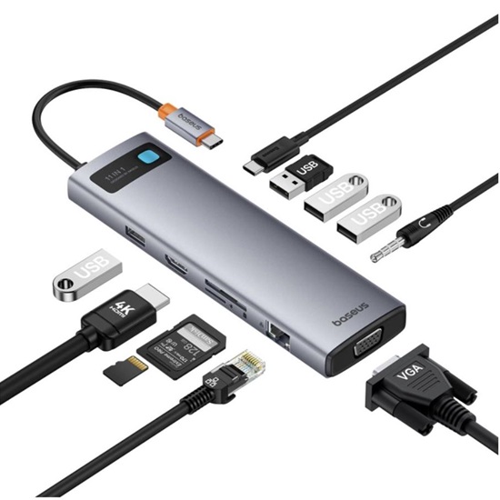 Baseus Hub 11in1  StarJoy Metal Glam Series USB-C to HDMI +VGA + 3 x USB 3.0 + USB 2.0+USB-C PD + RJ45 + SD/TF +35mm (B00030709811-00) (BASB00030709811-00)-BASB00030709811-00