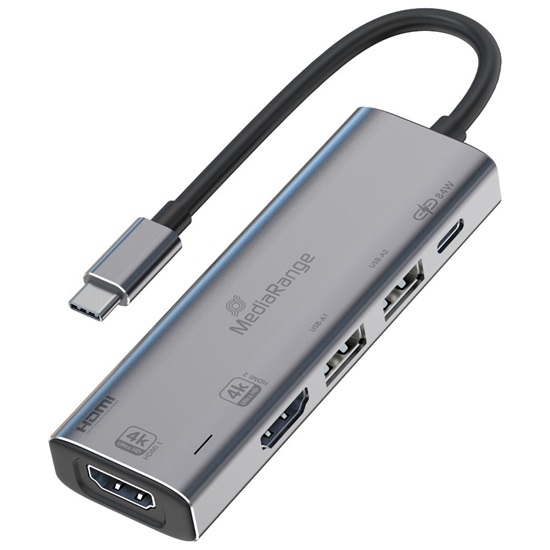 MediaRange USB Type-C 5 in-1 Multiport Adapter with 2xHDMI out Silver (MRCS511)-MRCS511