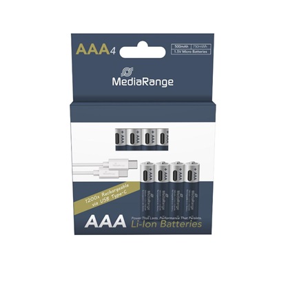 MediaRange Rechargeable USB-C Li-Ion Batteries, Micro AAA I 1.5V I 500mAh, 4-Pack (MRBAT160)-MRBAT160