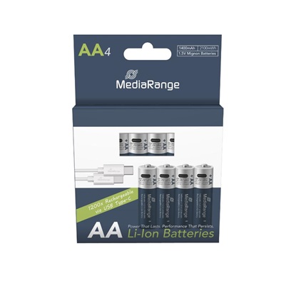 MediaRange Rechargeable USB-C Li-Ion Batteries, Mignon AA I 1.5V I 1.400mAh, 4-Pack (MRBAT161)-MRBAT161
