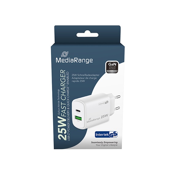 MediaRange 25W GaN Fast Charging Adapter (EU-Plug), 1x USB-C and 1x USB-A, USB-C® Power Delivery and Quick Charge enabled, White) (MRMA112-2)-MRMA112-2