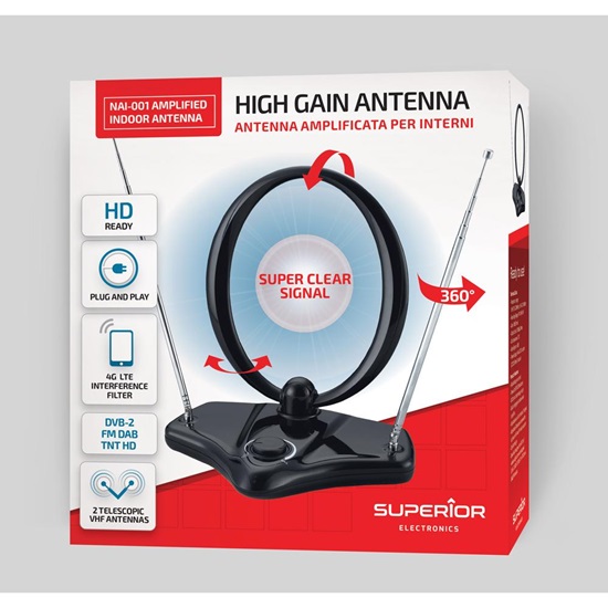 Superior Εσωτερική Ενισχυμένη Κεραία Τηλεόρασης VHF/UHF/FM με Υποστήριξη HD/Full HD/4K (SUPNAI001) (SPRSUPNAI001)-SPRSUPNAI001