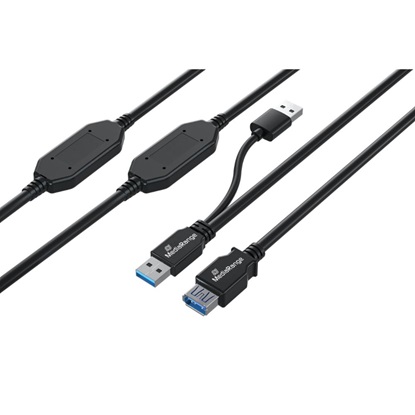 MediaRange Active USB Extension Cable, 2x USB-A Plug to 1x USB-A Socket, 2x Repeater, USB 3.0, 5 Gbps Data Transfer Rate, 15m, Black (MRCS244)-MRCS244