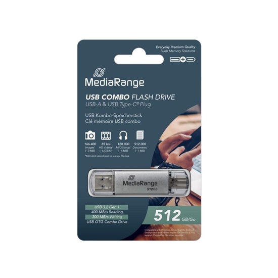 MediaRange USB 3.2 Gen 1 Combo Flash Memory Drive with USB-A and USB-C®, with Protective Caps, Silver, 512GB (MR940-1)-MR940-1