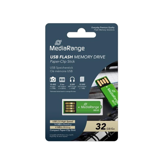 MediaRange USB 2.0 Nano Flash Drive Paper-clip stick 32GB (Green) (MR977)-MR977