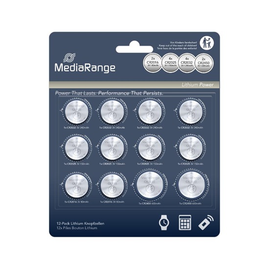 MediaRange Lithium Coin Cells Assorted set CR2016|CR2025|CR2032|CR2450 Pack 12  (MRBAT139)-MRBAT139