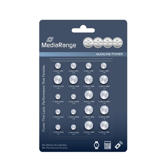 MediaRange Premium Alkaline Coin Cells Assorted set AG3|AG4|AG10|AG13 Pack 20  (MRBAT119)-MRBAT119
