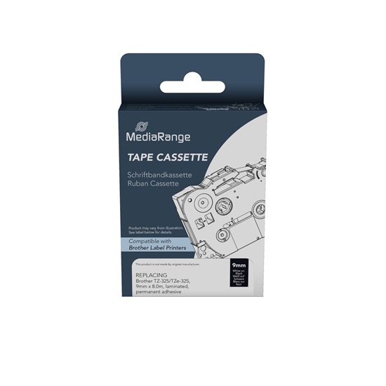 Ετικέτες Γενικής Χρήσης Mediarange (Brother TZ-325/TZe-325) 9mm, 8m, Laminated and Permanent Adhesive, White on Black (MRBTZ325)-MRBTZ325