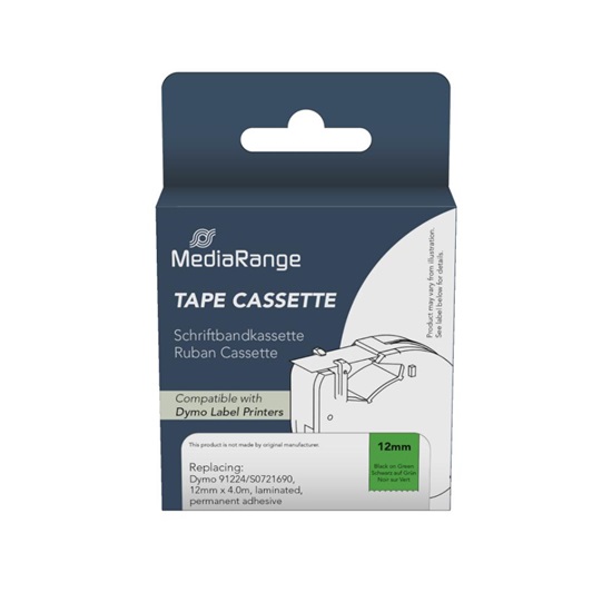 Ετικέτες Γενικής Χρήσης Mediarange (Dymo® 91224/S0721690) 12mm, 4m, Laminated and Permanent Adhesive, Black on Green (MRDY91224)-MRDY91224