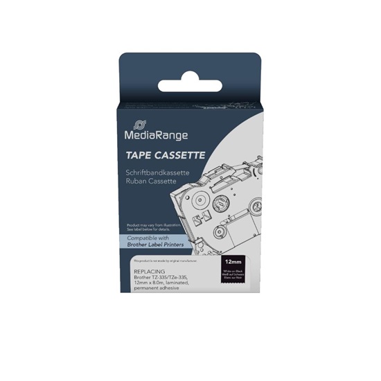 Ετικέτες Γενικής Χρήσης Mediarange ( Brother TZ-335/TZe-335, 12mm, 8m, Laminated and Permanent Adhesive, White on Black) (MRBTZ335)-MRBTZ335
