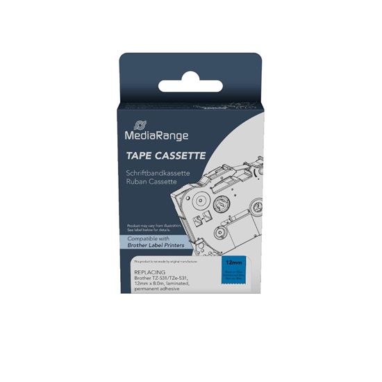 Ετικέτες Γενικής Χρήσης Mediarange (Brother TZ-531/TZe-531, 12mm, 8m, Laminated and Permanent Adhesive, Black on Blue) (MRBTZ531)-MRBTZ531