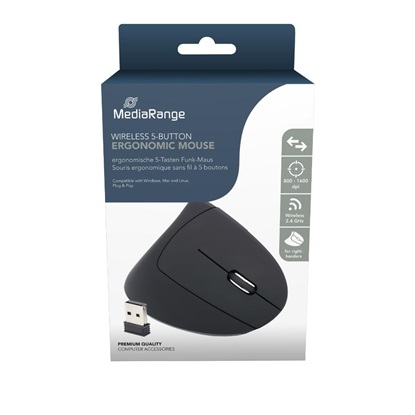 MediaRange Ergonomic 6-button wireless optical mouse for right-handers (Black, Wireless) (MROS232)-MROS232