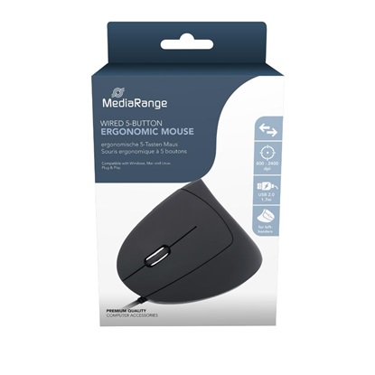 MediaRange Corded ergonomic 6-button optical mouse for left-handers (Black, Wired) (MROS231)-MROS231
