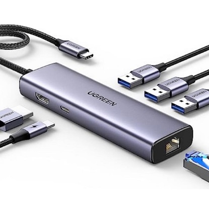 Ugreen Adapter 1w6 USB-C do 3x USB A 3.0 HDMI RJ45 PD Converter (15598) (UGR15598)-UGR15598