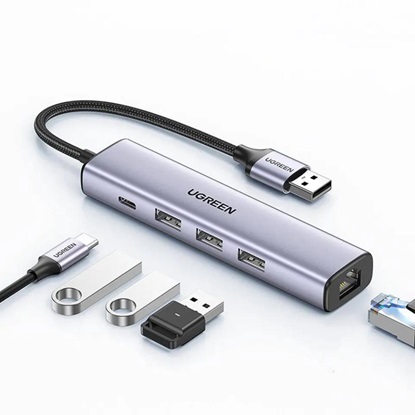 Ugreen 5in1 adapter USB-A to 3x USB 3.0 + RJ45 + USB-C gray (60554) (UGR60554)-UGR60554