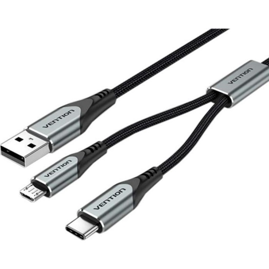VENTION Nylon Braided USB 2.0 A Male to Type-C 3A & Micro B Male 2A Y-Splitter Cable 0.5M Gray Aluminum Alloy Type (CQGHD) (VENCQGHD)-VENCQGHD