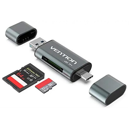 VENTION USB 3.0 A / Type-C / Micro USB Multi-Function Card Reader (SD+TF) Gray Metal Type (CCHH0) (VENCCHH0)-VENCCHH0