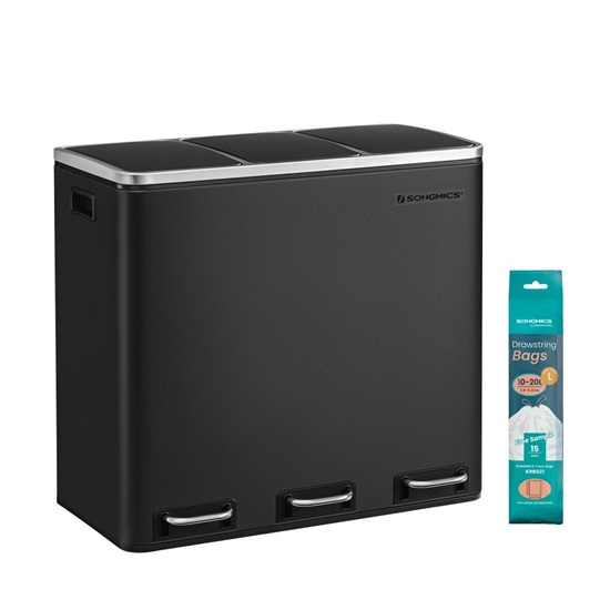 Songmics Μεταλλικός Τριπλός Κάδος Απορριμμάτων από Ανοξείδωτο Ατσάλι με 3 Πεντάλ και Σύστημα Soft-Close 54 Lt Χρώματος Μαύρο (LTB54BK) (SNGLTB54BK)-SNGLTB54BK