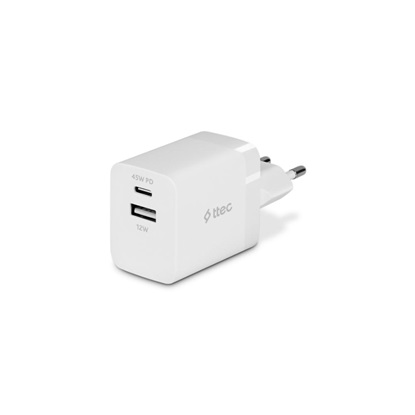 ttec SmartCharger Duo 45W PD Travel Charger USB-C+USB-A White (2SCP02B) (TTEC2SCP02B)-TTEC2SCP02B