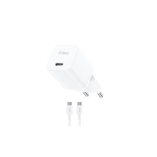 ttec SmartCharger GAN 20W PD Travel Fast Charger + USB-C - USB-C 60W Cable White (2SCG20CB) (TTEC2SCG20CB)-TTEC2SCG20CB