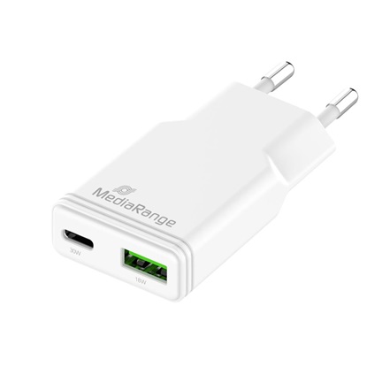 MediaRange 30W GaN Fast Charging Adapter (EU-Plug), 1x USB-C and 1x USB-A, USB-C® Power Delivery and Quick Charge enabled, White (MRMA125)-MRMA125
