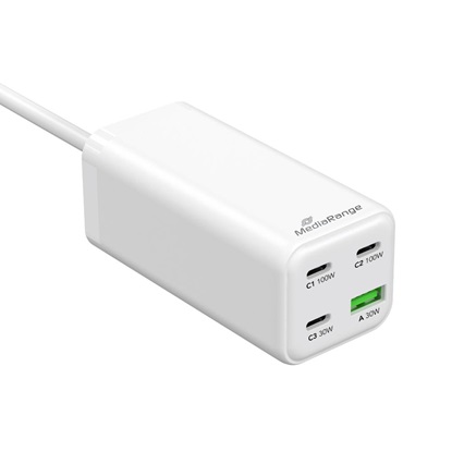 MediaRange 100W GaN Fast Charging Station, 1.5m Cable (EU-Plug), 3x USB-C and 1x USB-A, USB-C® Power Delivery and Quick Charge enabled, White (MRMA124)-MRMA124