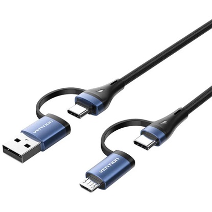 VENTION 4-in-1 Cotton Braided USB 2.0 Type-A Male + USB-C Male to USB-C Male + Micro Type-B Male 5A Cable 1M Blue Aluminum Alloy Type (CTLLF) (VENCTLLF)-VENCTLLF