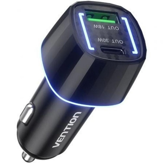 VENTION Two-Port USB C+A (30W+18W) Car Charger Black ABS Type (FFRB0) (VENFFRB0)-VENFFRB0