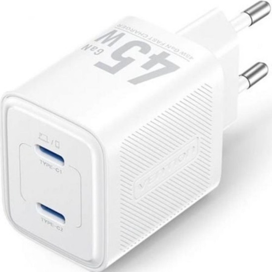 VENTION 2-Port USB (C + C) GaN Charger (45W/45W) EU-Plug White (FEFW0-EU) (VENFEFW0-EU)-VENFEFW0-EU