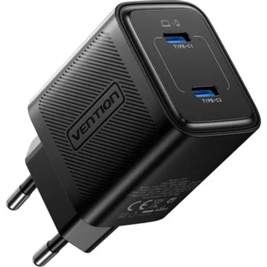 VENTION 2-Port USB (C + C) GaN Charger (45W/45W) EU-Plug Black (FEFB0-EU) (VENFEFB0-EU)-VENFEFB0-EU