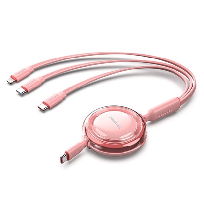 VENTION 3-in-1 USB 2.0 Type-C Male to USB-C Male + USB-C Male + Lightning Male 5A Retractable Cable 1.1M Pink (TRKPBE) (VENTRKPBE)-VENTRKPBE